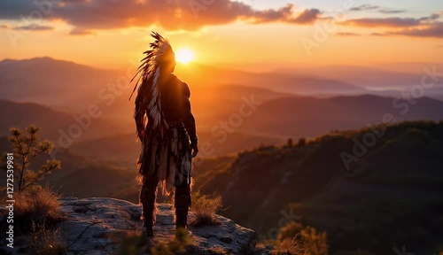 A majestic Native American man in full headdress silhouetted against a breathtaking sunset over vast mountains.