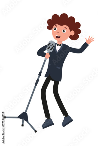 Young performer singing into microphone on stage with enthusiasm during a talent show