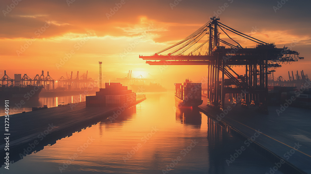 Container truck in ship port for business Logistics and transportation of Container Cargo ship and Cargo plane with working crane bridge in shipyard at sunrise, logistic import export and transport Container truck in ship port for business Logistics and transportation of Container Cargo ship and Cargo plane with working crane bridge in shipyard at sunrise, logistic import export and transport
