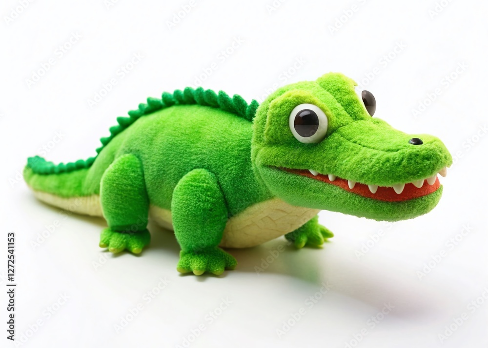 Fototapeta premium Panoramic Photo: Adorable Green Plush Crocodile Toy Isolated on White