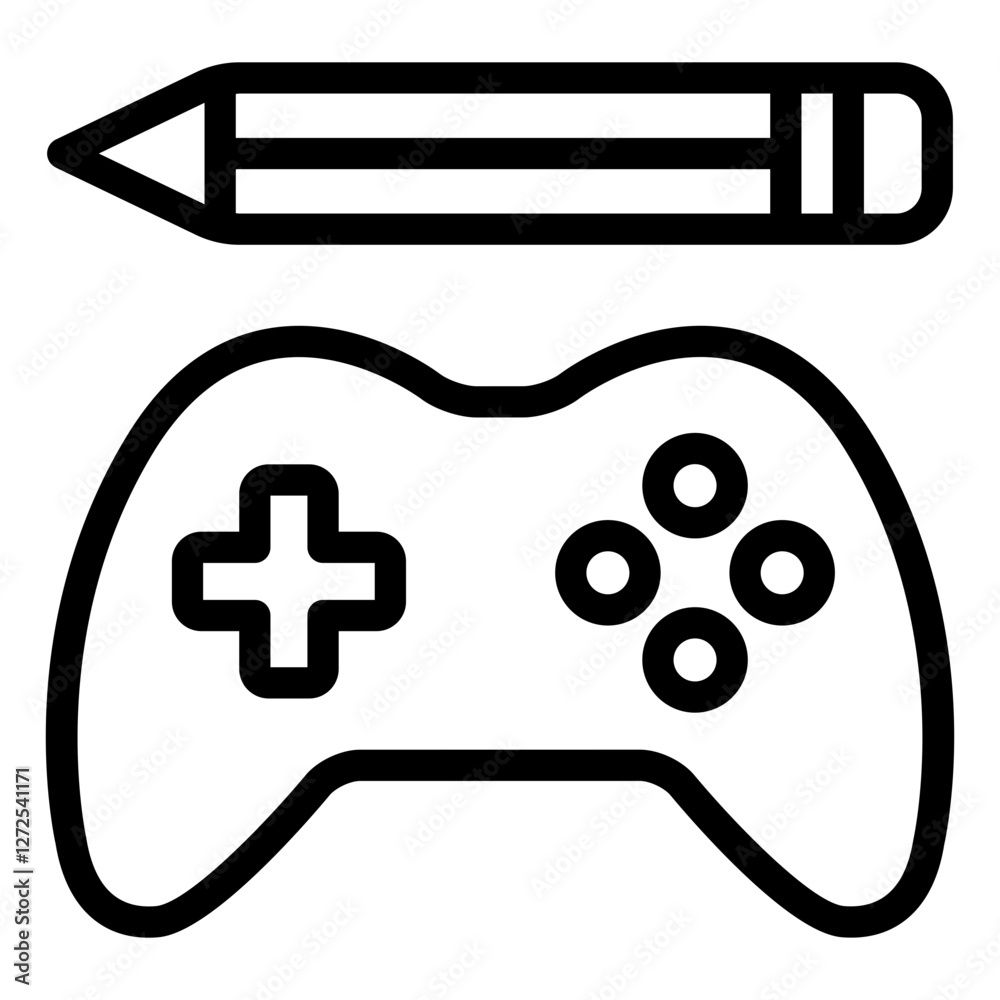 Game controller with pencil outline icon representing game design, creativity, and development Game controller with pencil outline icon representing game design, creativity, and development