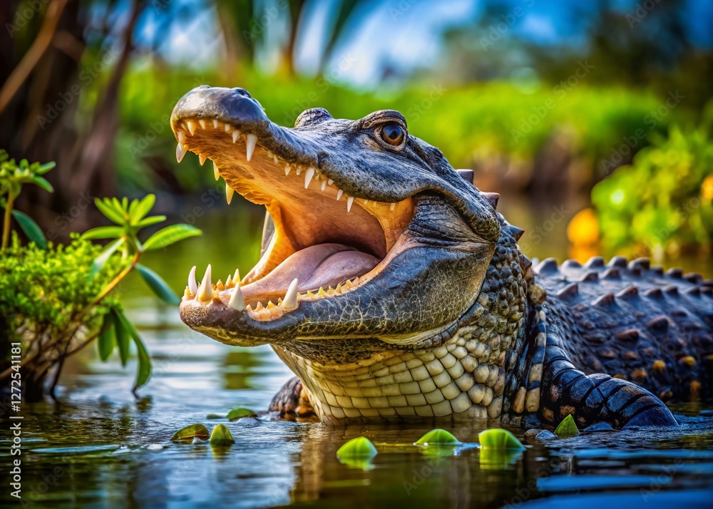 Fototapeta premium Panoramic Photo: Alligator Hissing Warning in Swamp
