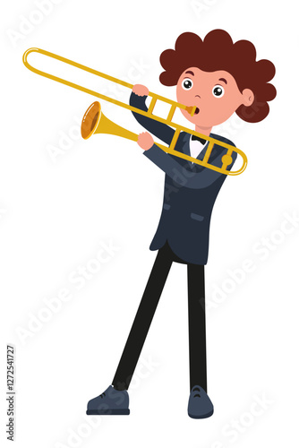 Young musician playing trombone in stylish outfit with curly hair during a performance