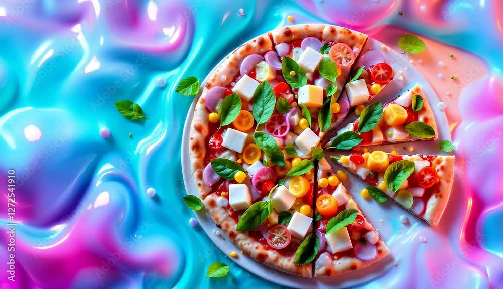 A vibrant veggie pizza, sliced and ready to enjoy, set against a surreal, colorful background. A feast for the eyes A vibrant veggie pizza, sliced and ready to enjoy, set against a surreal, colorful background. A feast for the eyes