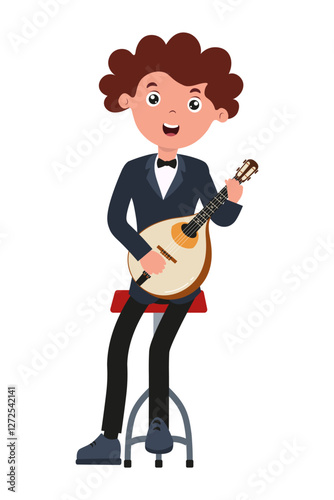 Musician playing a banjo in a cheerful performance setting