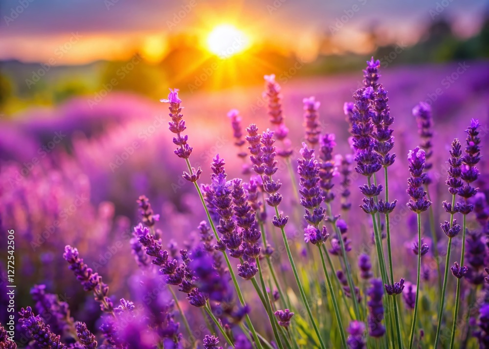 Obraz premium Panoramic Sunlit Lavender Field: Vibrant Purple Flowers in Summer