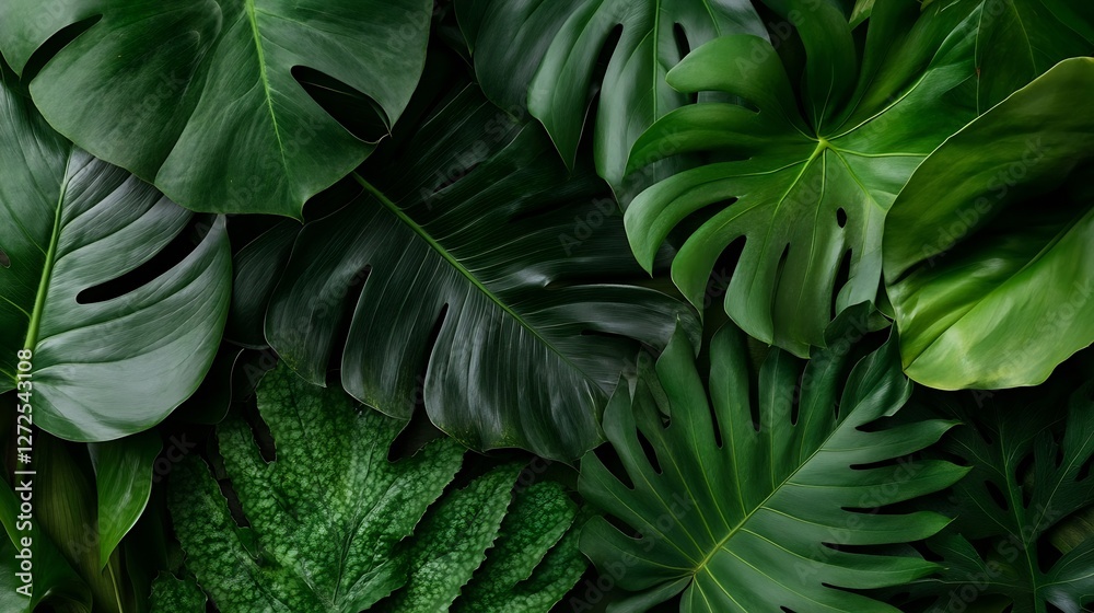 Fototapeta premium Lush tropical green leaves background with rich textures and colors : Generative AI