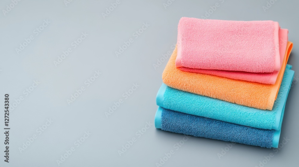 Soft and Colorful Towels Stacked Neatly on a Gray Background for Bathroom or Spa Use Soft and Colorful Towels Stacked Neatly on a Gray Background for Bathroom or Spa Use