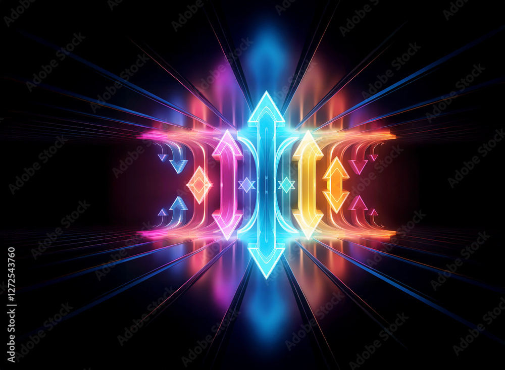 Obraz premium Vibrant abstract glowing shape with inward and outward arrows against a dark background, creating a dynamic and futuristic digital effect.