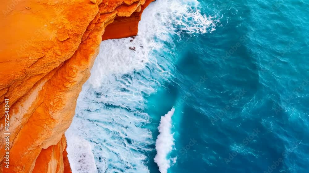 Aerial view of vibrant turquoise ocean waves crashing against a textured, burnt orange cliff face. The contrast between the colors and textures is Aerial view of vibrant turquoise ocean waves crashing against a textured, burnt orange cliff face. The contrast between the colors and textures is