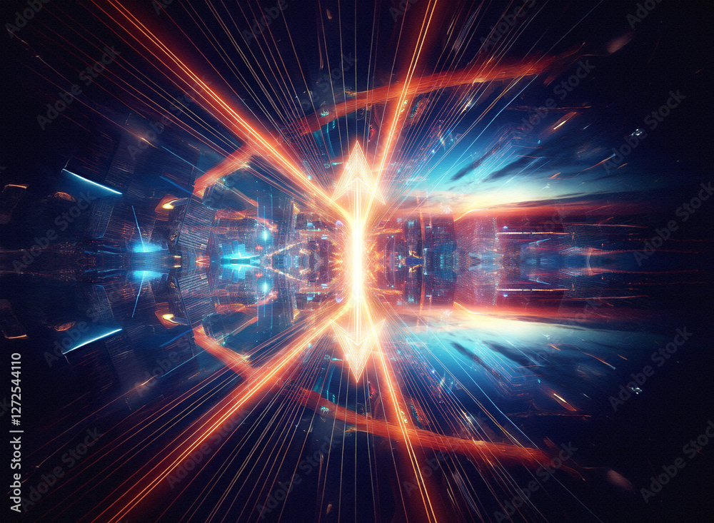 Obraz premium Abstract visualization of a tunnel with bright orange and blue light beams converging towards a central point, creating a sense of speed, energy, and futuristic digital space.