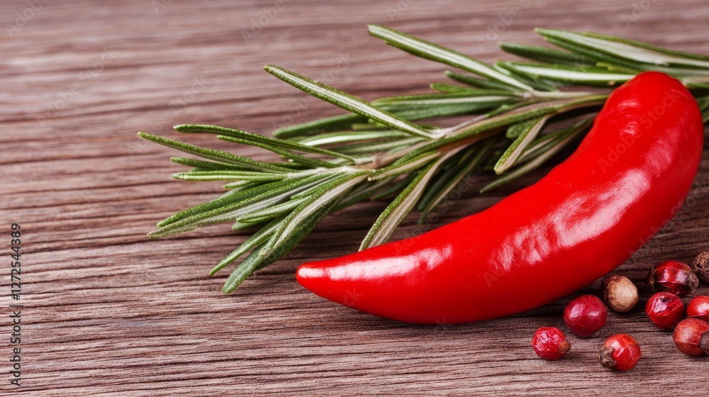 Fresh red chili pepper and rosemary sprigs on wooden table background Fresh red chili pepper and rosemary sprigs on wooden table background