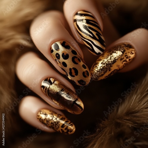 A close-up shot of a woman's hand with stylish animal print nail art in gold and brown hues