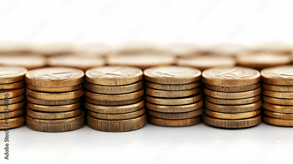 Coins stacked, finance, wealth, background white, savings Coins stacked, finance, wealth, background white, savings