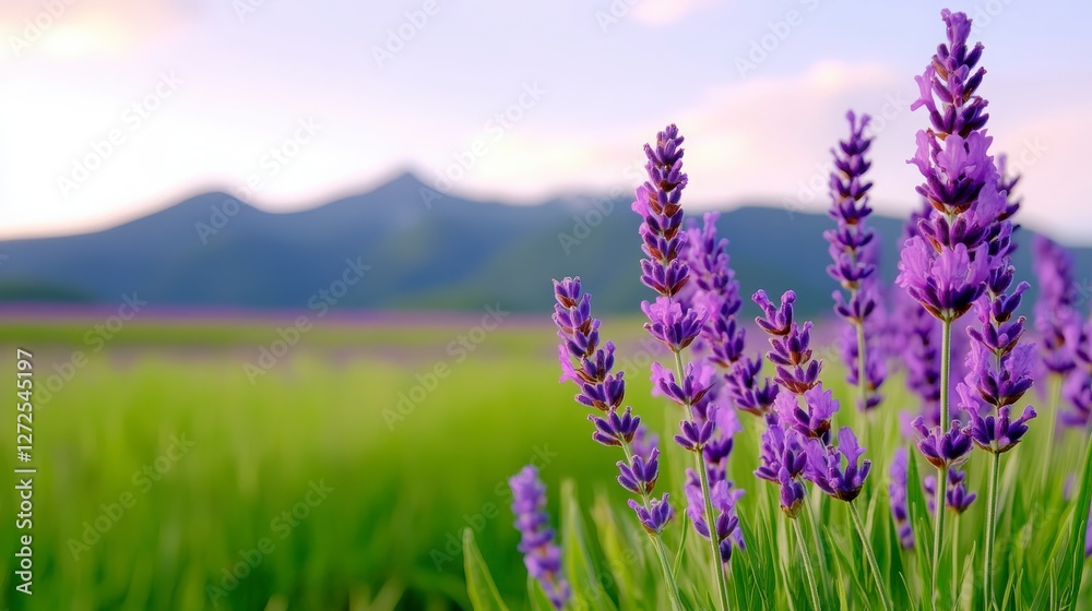 Fototapeta premium Purple Lavender Flowers in Bloom Against a Scenic Mountain Backdrop