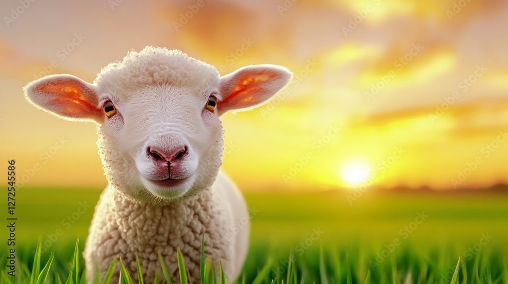 Obraz premium Adorable Young Lamb Standing in Vibrant Green Grass at Sunset