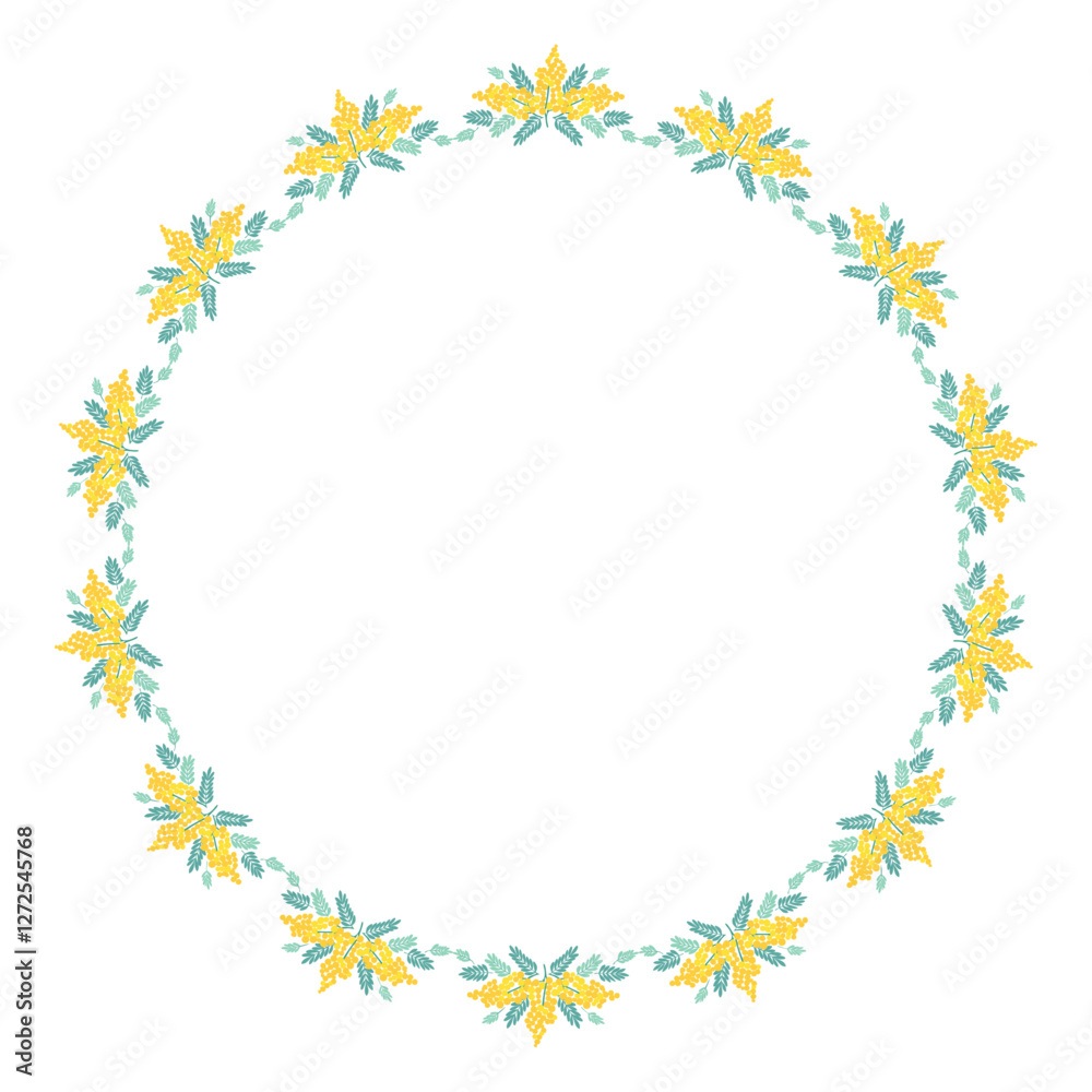 Cute Mimosa Flowers and Leaves Circle Frame Cute Mimosa Flowers and Leaves Circle Frame
