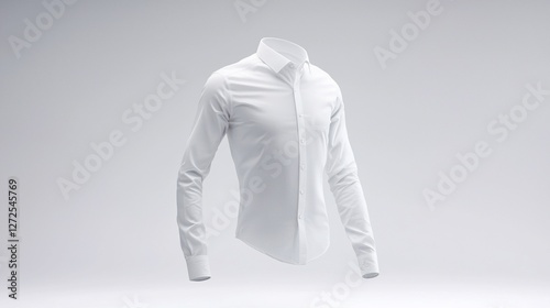 White long-sleeve dress shirt, floating, isolated on white background.