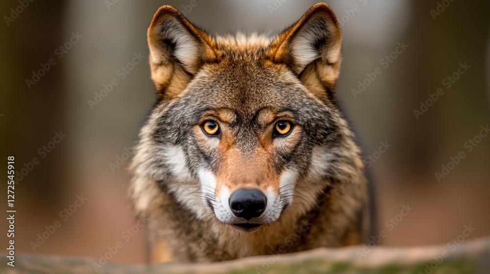 Fototapeta premium A close-up of a wolf, showcasing its keen eyes and detailed fur, set against a blurred forest background, conveying a sense of wildness and intrigue.