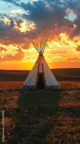 Bathed in warm hues of orange and gold, a traditional wigwam rises amidst expansive grasslands, capturing the essence of American Indian culture at dusk