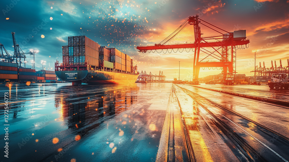 Fototapeta premium Container truck in ship port for business Logistics and transportation of Container Cargo ship and Cargo plane with working crane bridge in shipyard at sunrise, logistic import export and transport