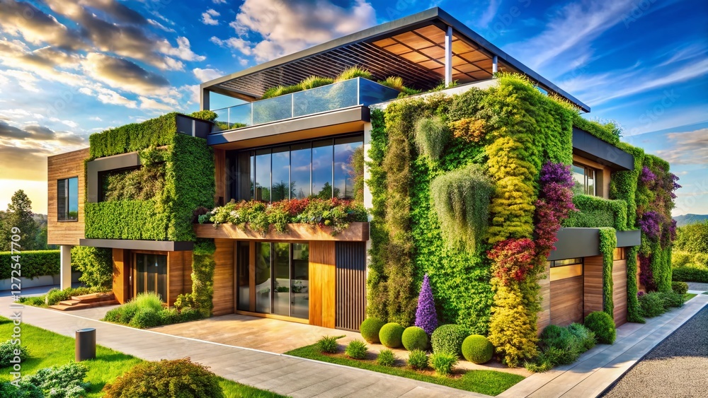 Obraz premium Panoramic View of Sustainable Home with Vertical Gardens and Solar Panels