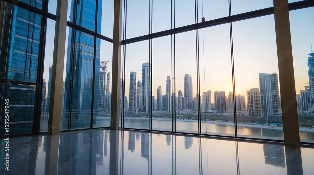 Fototapeta premium Modern City Skyline with Sunset Reflection on Glass Buildings in Dubai : Generative AI
