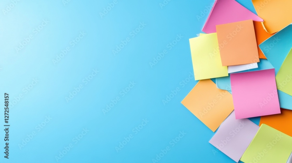 Colorful sticky notes scattered on a bright blue background for creative business and organization concepts Colorful sticky notes scattered on a bright blue background for creative business and organization concepts
