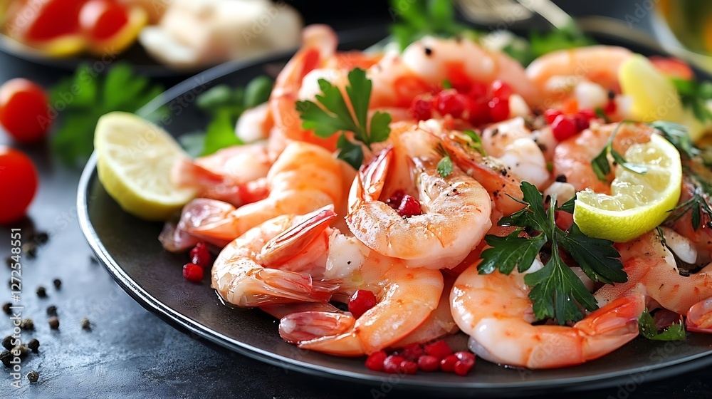 Delicious Shrimp Platter Garnished with Fresh Vegetables and Herbs for Gourmet Dining : Generative AI Delicious Shrimp Platter Garnished with Fresh Vegetables and Herbs for Gourmet Dining : Generative AI