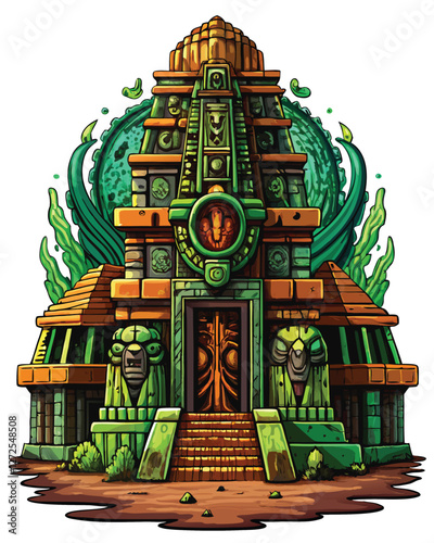Illustrate an ancient alien temple, weathered and overgrown, featuring intricate, indecipherable carvings hinting at a lost civilization.