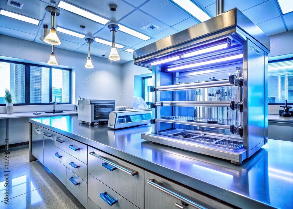Naklejka premium Panoramic View: UV Sterilizer Disinfecting Medical Instruments in Lab