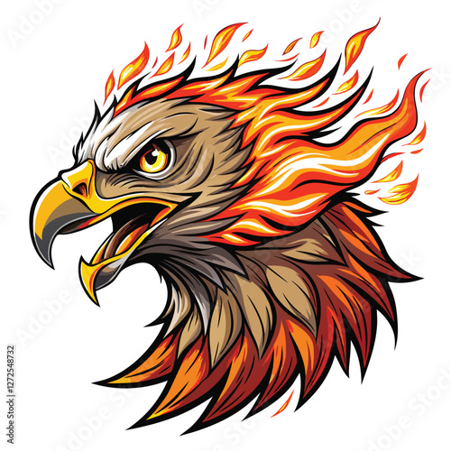 Fiery eagle head, majestic avian predator with flames erupting from its feathers, intense gaze, detailed plumage, mythical creature.