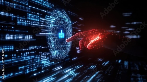 cyber security phishing framework, Red Glowing Hand Interacting with Futuristic Blue Digital Interface