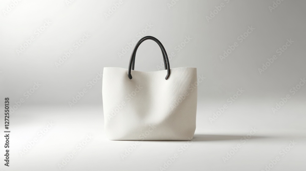 Empty white tote bag with black handles on a plain white background.