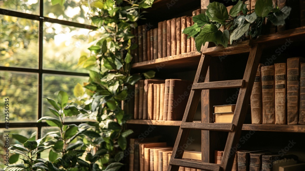 Sunlit library with antique books, wooden ladder, and plants. Sunlit library with antique books, wooden ladder, and plants.