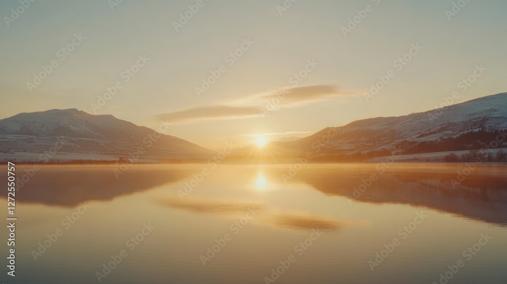 Golden Sunrise Over Snowy Mountains And Calm Lake Golden Sunrise Over Snowy Mountains And Calm Lake