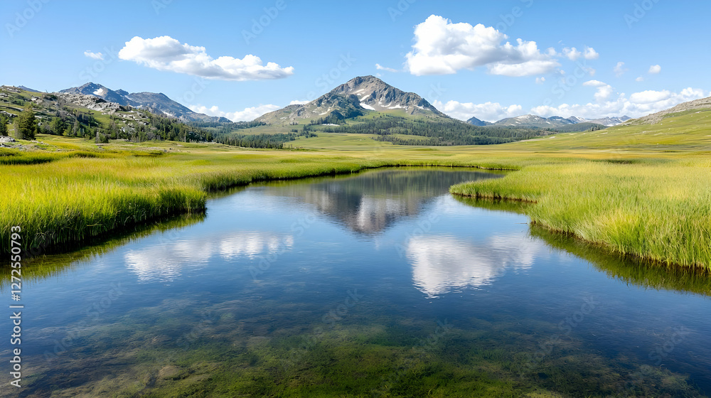Fototapeta premium Mountain lake reflection, summer meadow, clear sky
