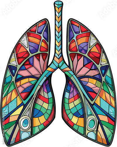 Detailed engraving of a pair of human lungs crafted from vibrant stained glass, showcasing intricate details and light play.