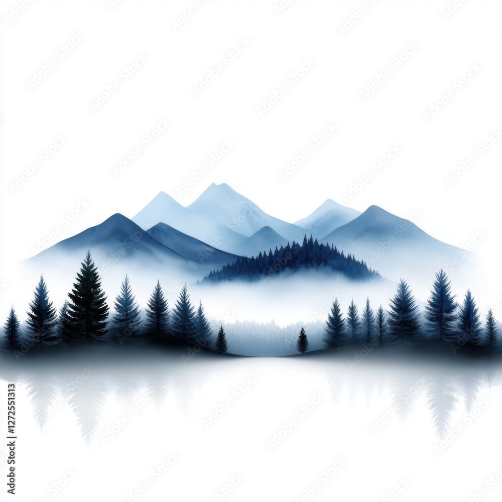 Obraz premium Tranquil Mountain Landscape with Foggy Forest Reflection in Serene Blue Tones at Dawn or Dusk