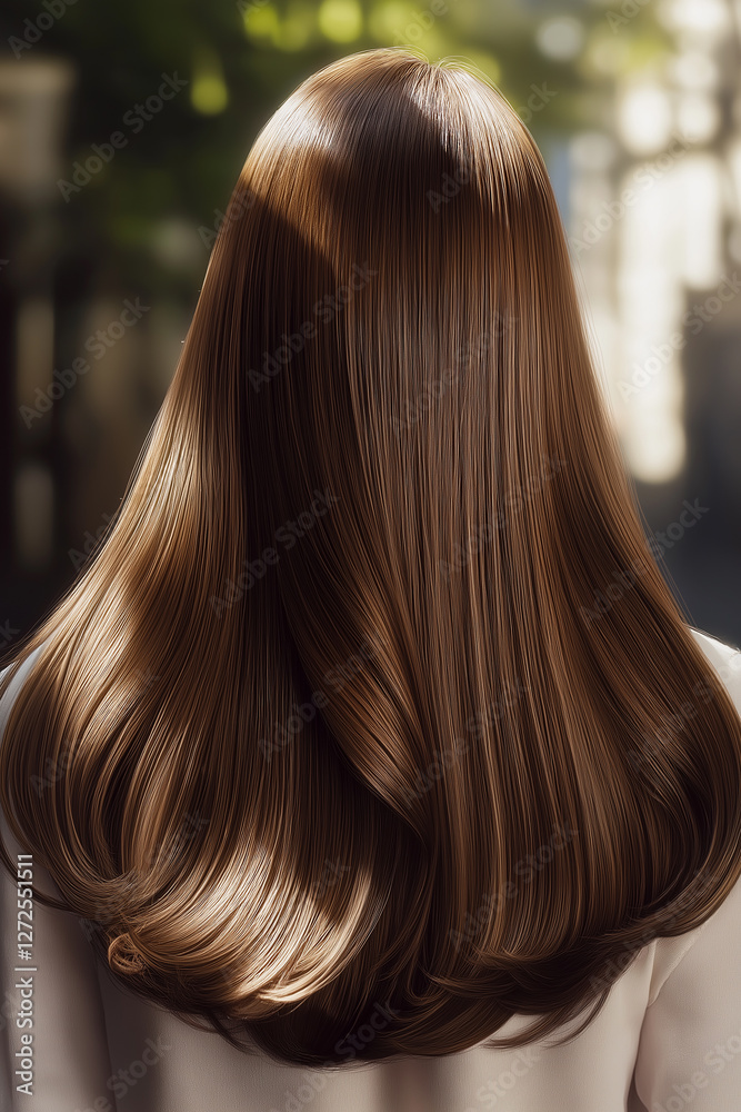 Long brown hair flowing in the sunlight, a stunning display of healthy, shiny locks Long brown hair flowing in the sunlight, a stunning display of healthy, shiny locks