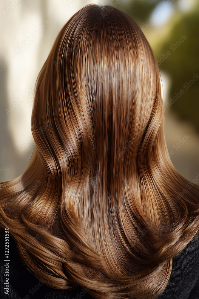 Long brown wavy hair flowing in the wind, back view of a woman with healthy, shiny hair Long brown wavy hair flowing in the wind, back view of a woman with healthy, shiny hair