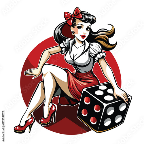 A bold, hand-drawn illustration of a vintage pin-up girl seductively perched atop oversized dice.  Emphasis on strong lines and vibrant color.