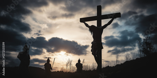 Jesus christ being crucified on the cross with roman soldiers watching during sunset