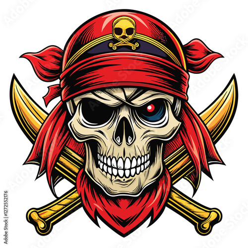 A detailed illustration of a pirate skull wearing a red bandana, adorned with crossed cutlasses behind it,  in a classic pirate style.