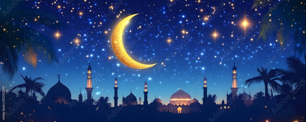 Naklejka premium Arabian night with crescent moon over mosque silhouette landscape