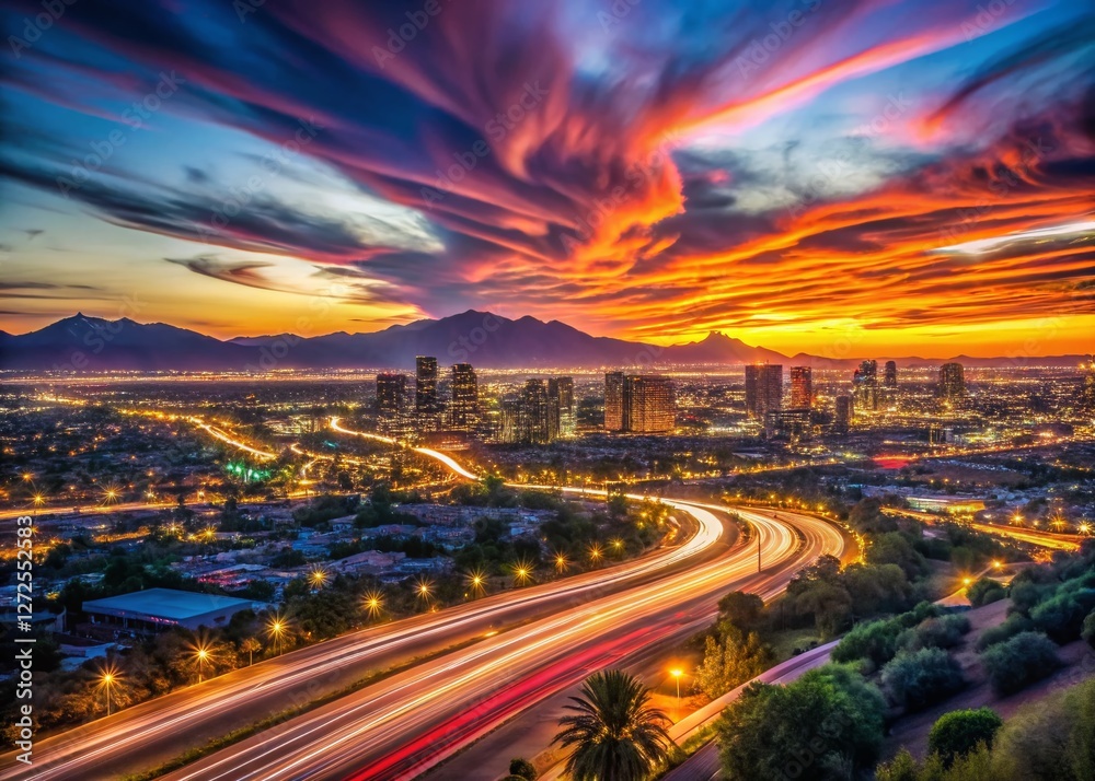 Fototapeta premium Phoenix Arizona Sunset Timelapse Panoramic Cityscape Long Exposure Photography