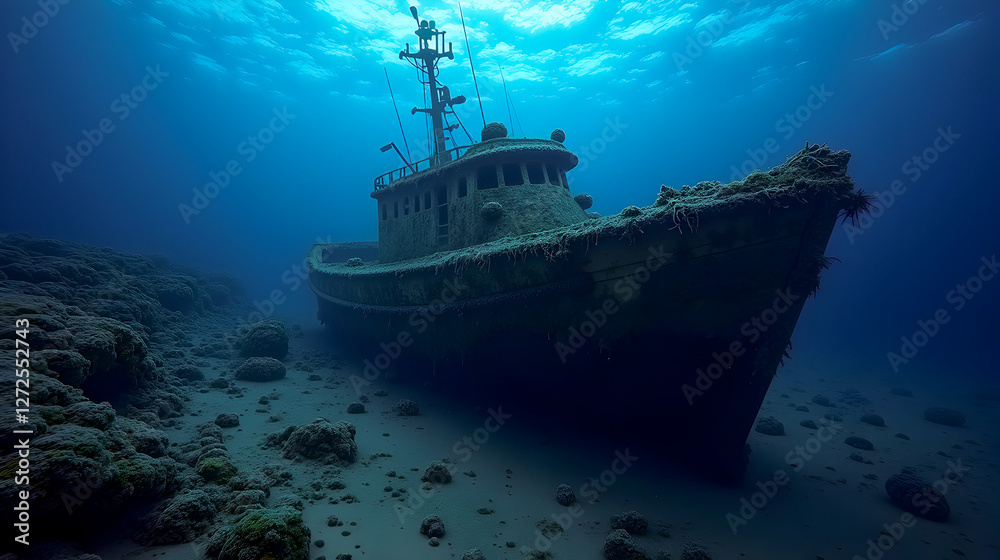 Sunken secrets of the deep: A ghostly shipwreck rests on the ocean floor, enshrouded in mystery and marine growth. Sunken secrets of the deep: A ghostly shipwreck rests on the ocean floor, enshrouded in mystery and marine growth.