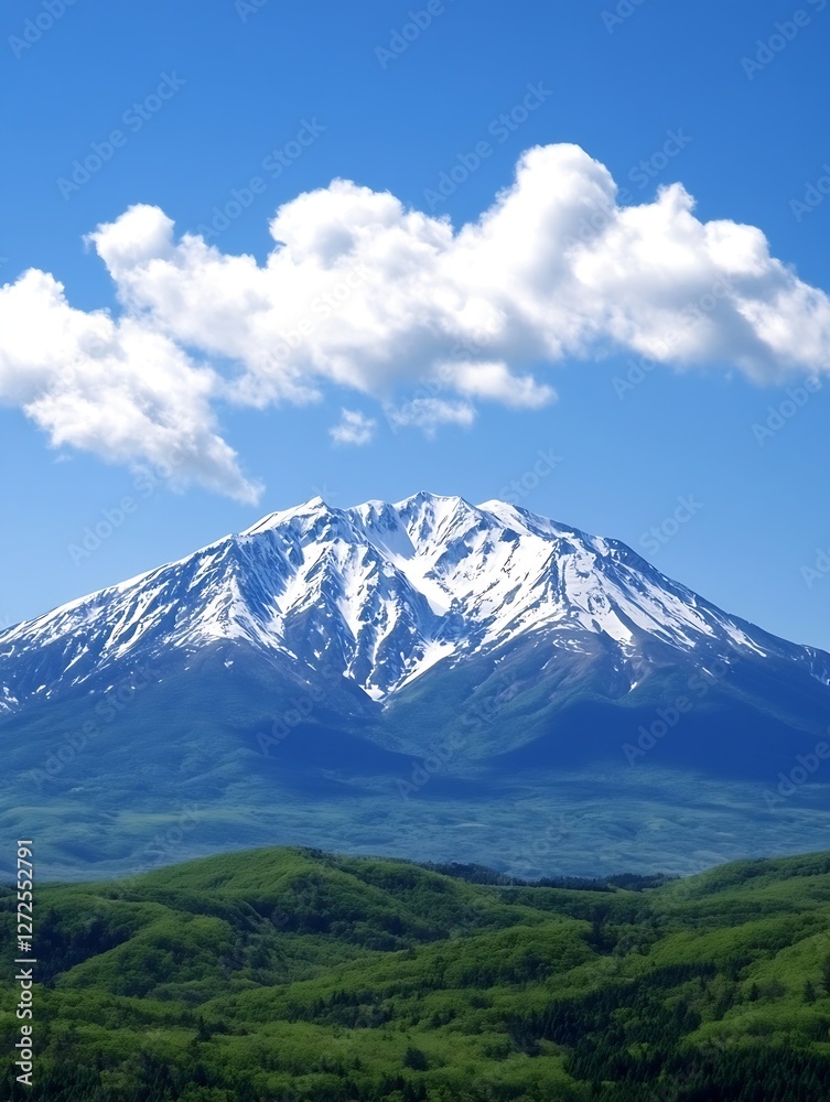 Majestic Snow-Capped Mountain Range under Blue Sky with Fluffy Clouds in Nature Landscape : Generative AI Majestic Snow-Capped Mountain Range under Blue Sky with Fluffy Clouds in Nature Landscape : Generative AI