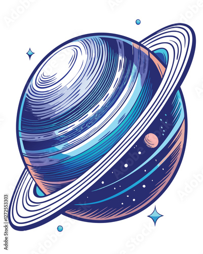 A detailed spacefaring engraving depicting a ringed exoplanet, swirling atmospheric details, and distant stars.  Focus on intricate linework.