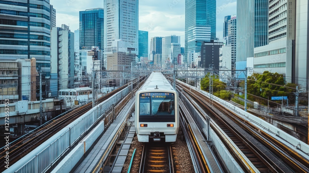 Naklejka premium Modern train approaching city skyscrapers on elevated tracks.